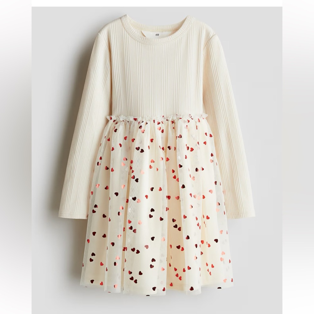 H&M Cream Long-Sleeve Tulle Dress with Red and Pink Heart Print